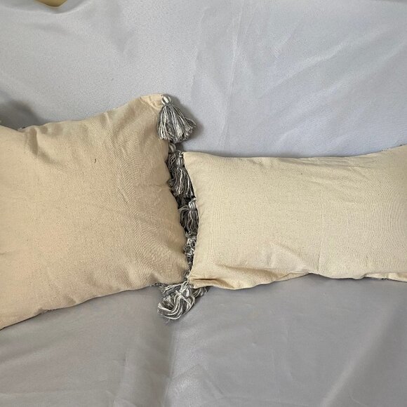 BoHo Farmhouse 2 PcCanvas Yarn Fringe Embellishment Decor Accent Pillow Case Set - Picture 6 of 8